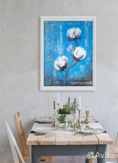 Картина маслом Хлопок, цветы хлопка интерьерная