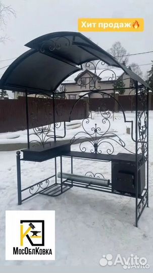 Кованый мангал с печкой и крышей