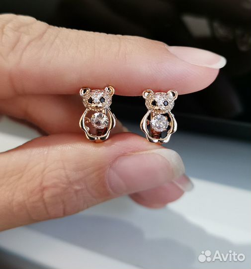 Серьги мишки с танцующим цирконом