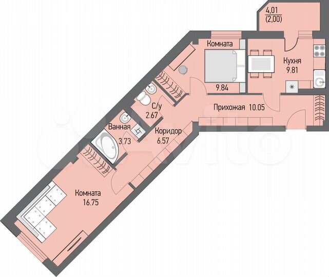 2-к. квартира, 60,2 м², 7/16 эт.