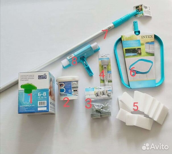 Сачок, щётка, химия, термометр, губки для бассейна