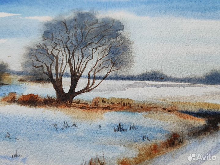Картина Зимний пейзаж акварель 19.5 на 27 см