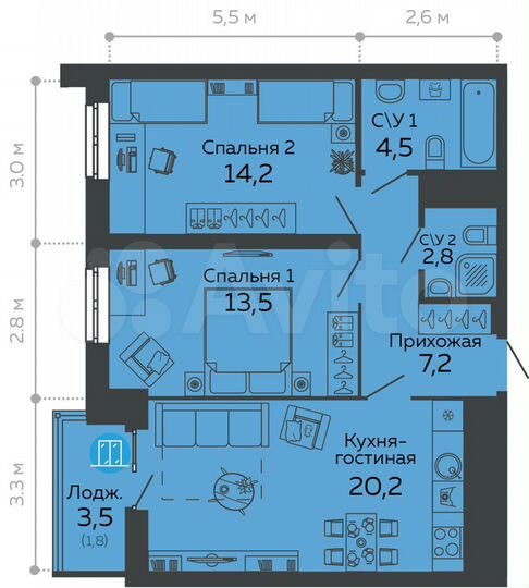 2-к. квартира, 64,4 м², 26/30 эт.