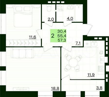 2-к. квартира, 59,2 м², 3/3 эт.