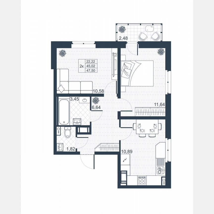 2-к. квартира, 45,8 м², 2/8 эт.