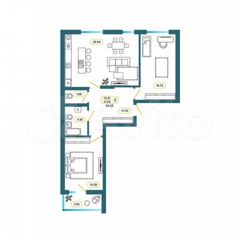 2-к. квартира, 80,2 м², 5/7 эт.