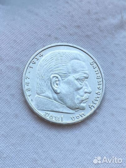 5 марок 1937 г. Германия «А» Серебро. Блеск #2