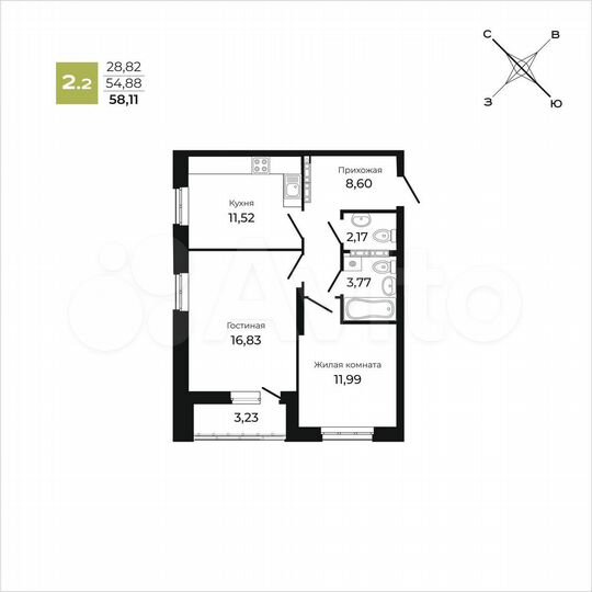 2-к. квартира, 58,1 м², 16/21 эт.