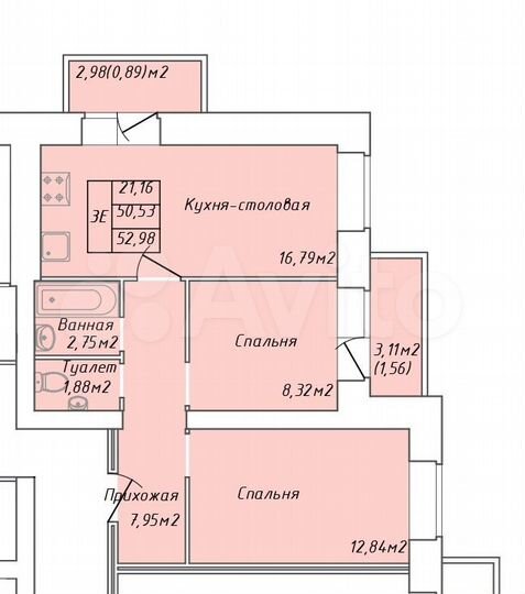 2-к. квартира, 53 м², 3/5 эт.
