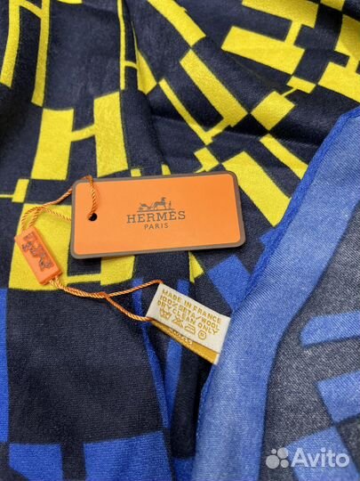 Шерстяной платок Hermes синий с желтым