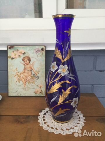 Ваза кобальтовое стекло Богемия ручная роспись