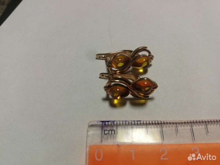 Янтарные серьги серебро с позолотой