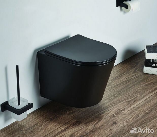 Унитаз подвесной безободковый, с сидением микролифт, черный матовый