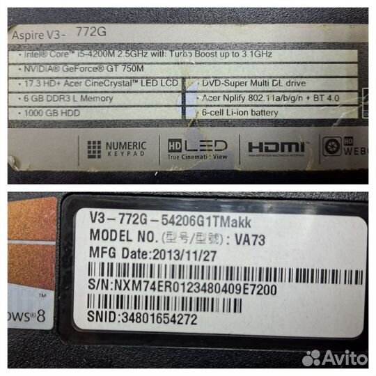 Игровой ноут aser экран 17, i5 4200 16Gb GT750 4Gb