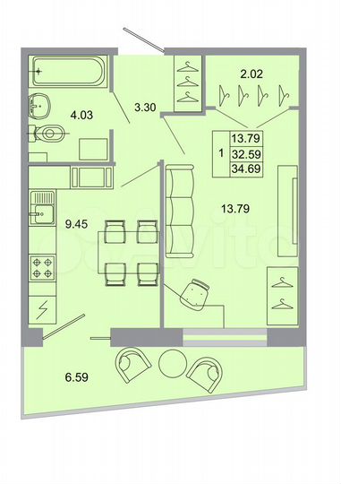 1-к. квартира, 34,7 м², 4/15 эт.