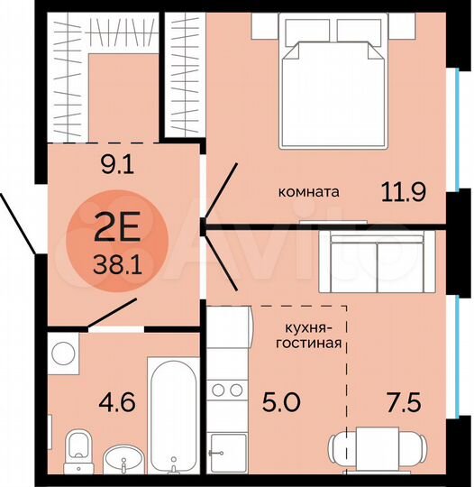 2-к. квартира, 38,1 м², 4/17 эт.