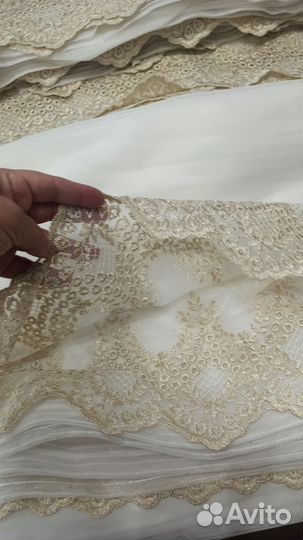 Тюль сетка белая 3шт с матовой золотой вышивкой
