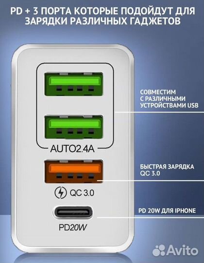 Быстрая зарядка с проводом на 3 устройства