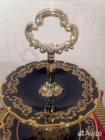 Ваза трехярусная Золотая роза кобальт Чехия