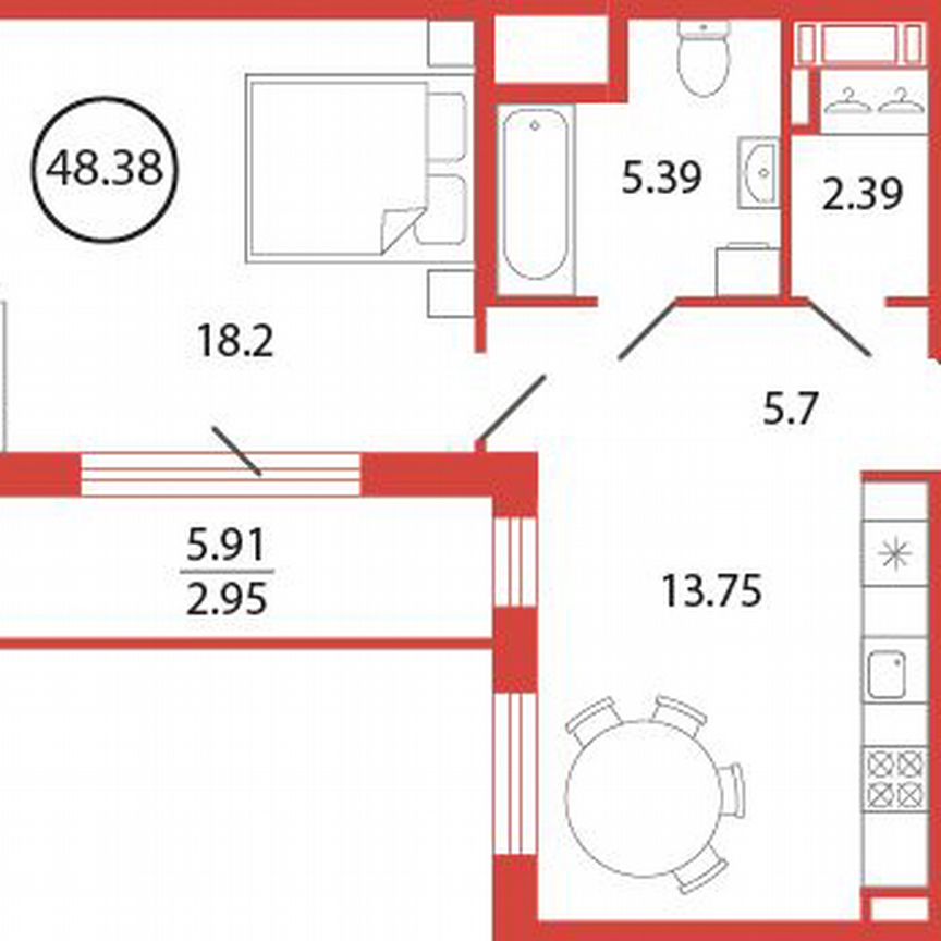 1-к. квартира, 48,4 м², 12/12 эт.