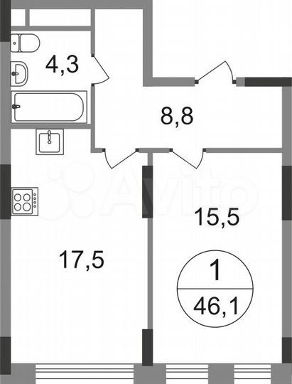 1-к. квартира, 46,1 м², 17/17 эт.