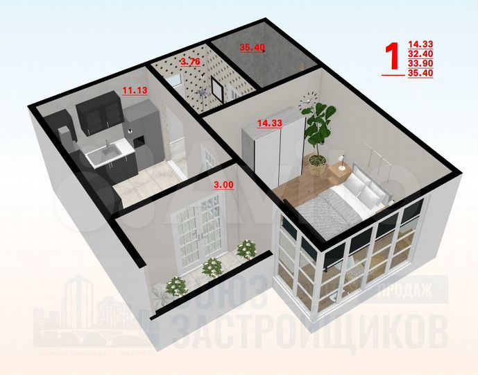 1-к. квартира, 34,4 м², 9/22 эт.