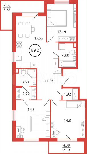 3-к. квартира, 89,2 м², 2/12 эт.