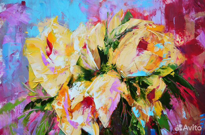 Картина маслом Цветы на красном