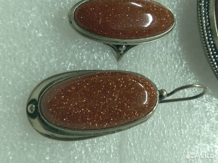 Брошь + кольцо + серьги авантюрин золотистый