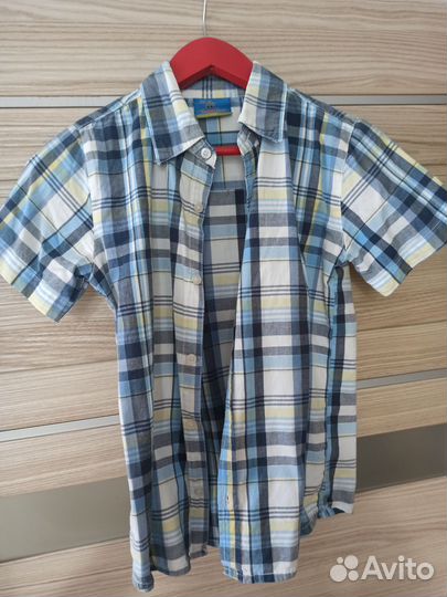 Рубашка 128 раз белая голубая клетка