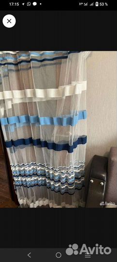 Тюль 2 шт. Синие шторы 3 шт. Длина 260 см