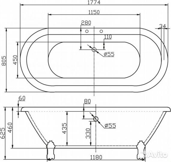 Ванна отдельностоящая акриловая BelBagno BB21 фурн