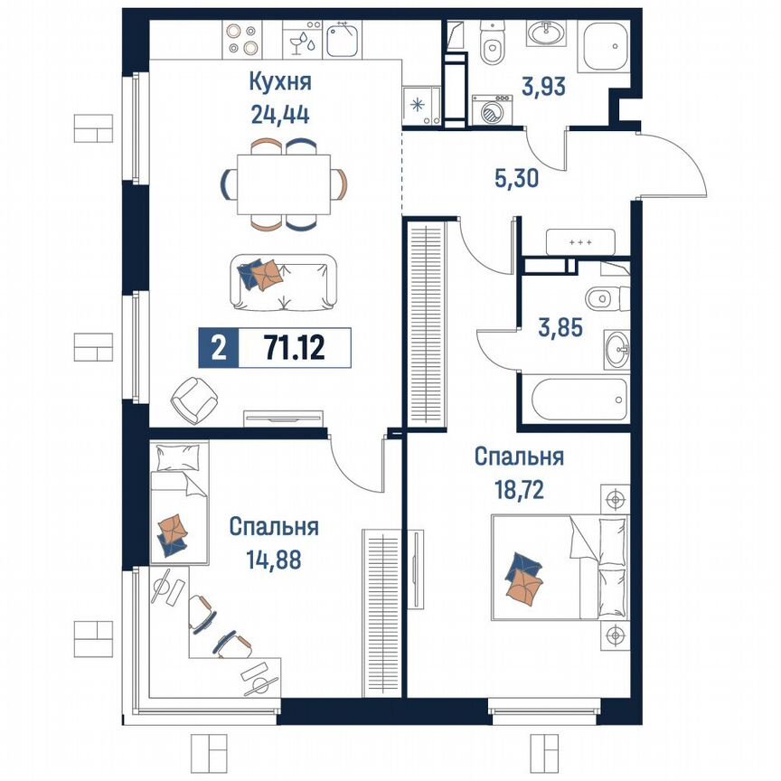 2-к. квартира, 71,1 м², 11/18 эт.