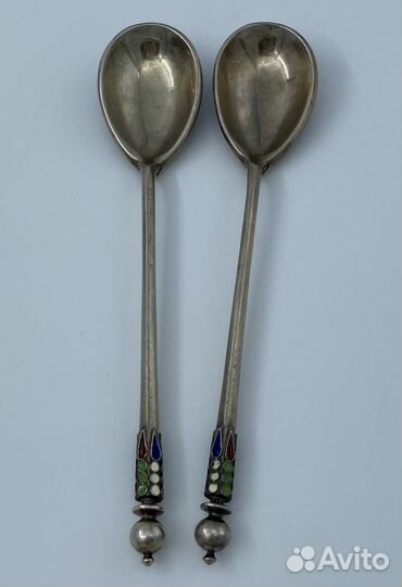 Ложки чайные пара серебро 84 проба эмаль
