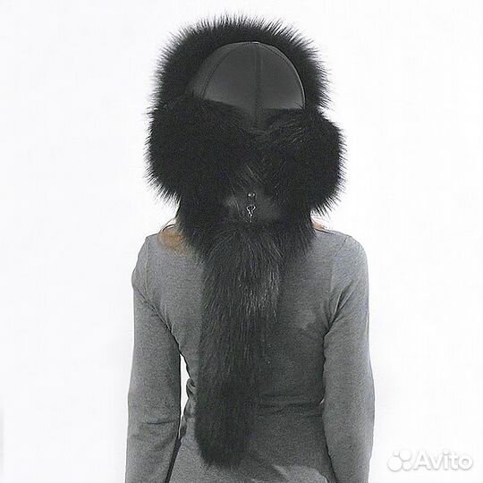 Шапка Малахай Черный волк из экомеха и экокожи