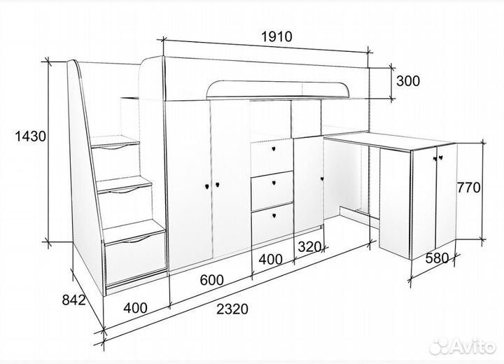 Кровать Чердак Со Столом и шкафом Белый/Дуб Молочн
