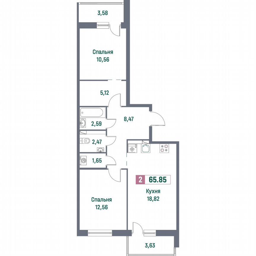 2-к. квартира, 65,9 м², 2/16 эт.