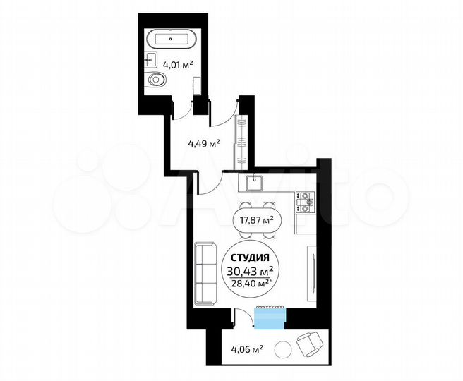 Квартира-студия, 28,4 м², 4/16 эт.