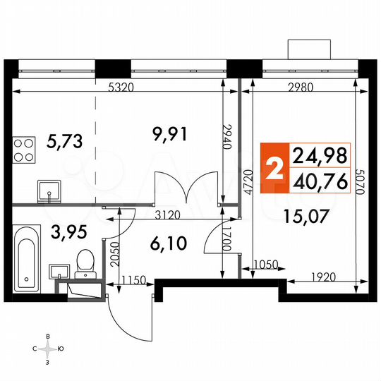 2-к. апартаменты, 40,8 м², 15/15 эт.