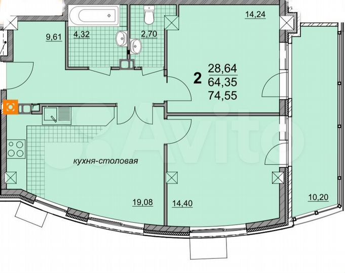 2-к. квартира, 74,6 м², 3/6 эт.