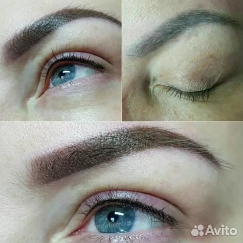 Пудровое напыление, растушевка бровей, глаза и губ