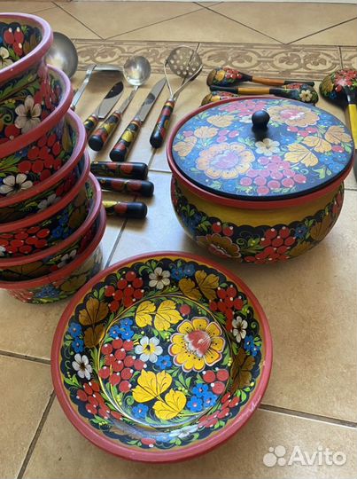 Набор «Хохлома»,деревянная посуда,столовые приборы