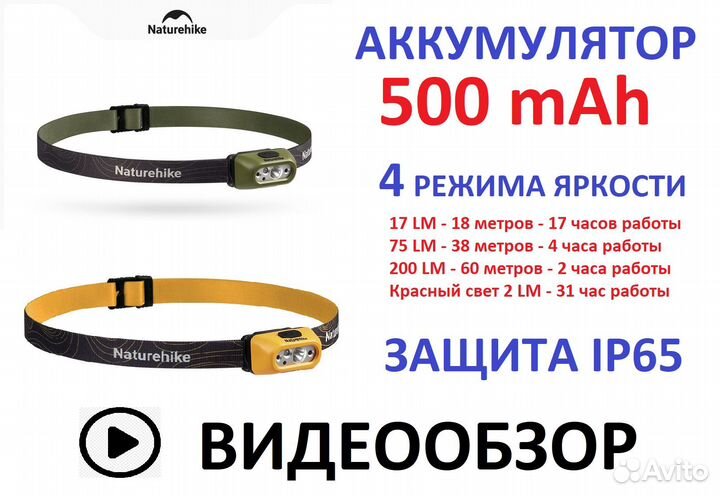 Фонарь налобный USB Naturehike 200 LM. Защита IP65