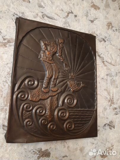 Картина медная чеканка СССР старик и золотая рыбка