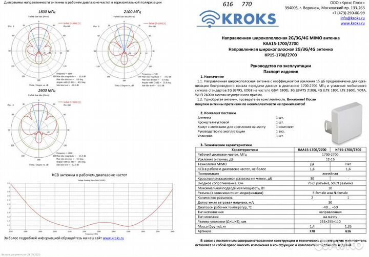 KAA15-1700/2700 Широкополосная 3G/4G mimo антенна