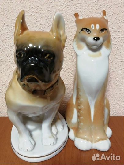 Фарфоровые статуэтки Бульдог и Рысь, лфз, СССР
