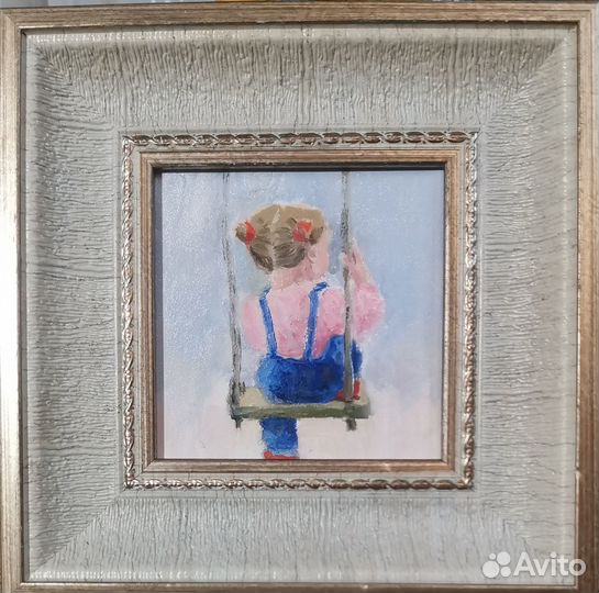 Миниатюрная картина в рамке, Масло На качелях