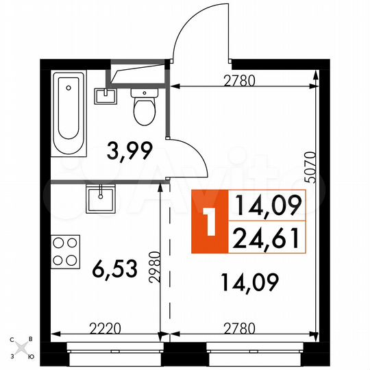 1-к. апартаменты, 24,6 м², 15/15 эт.