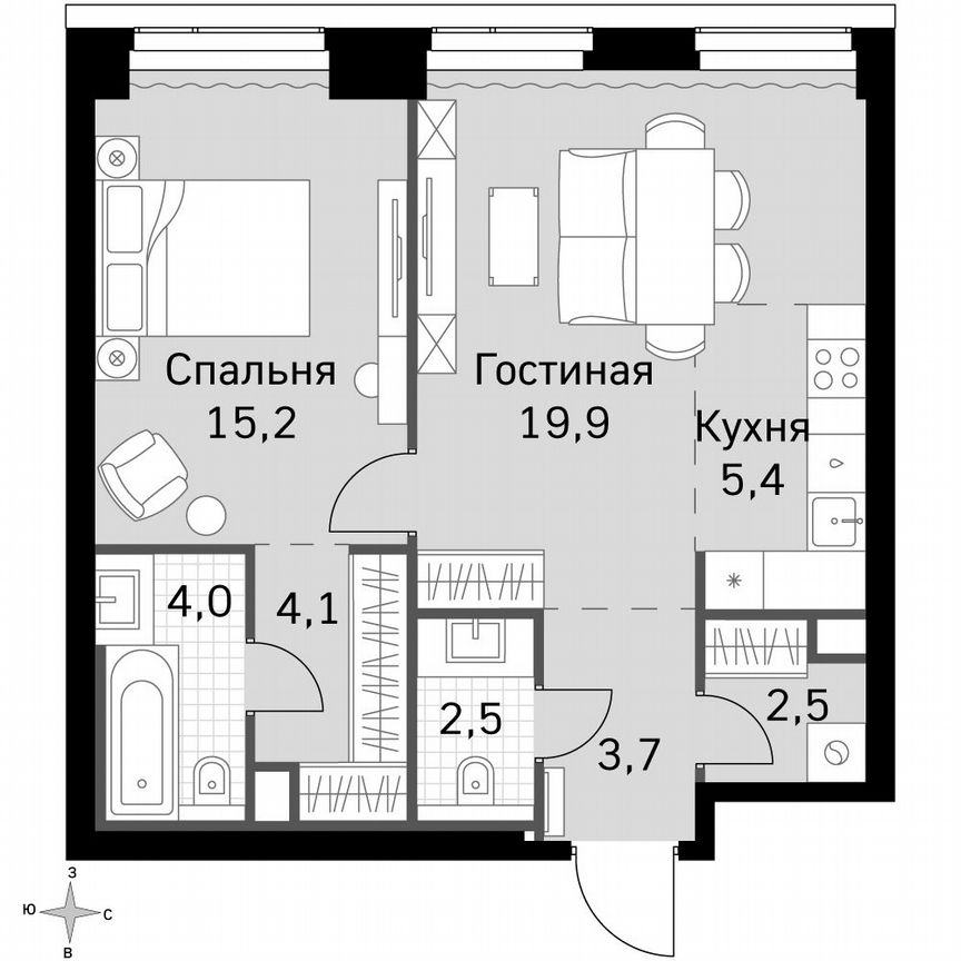 1-к. квартира, 57,3 м², 2/49 эт.
