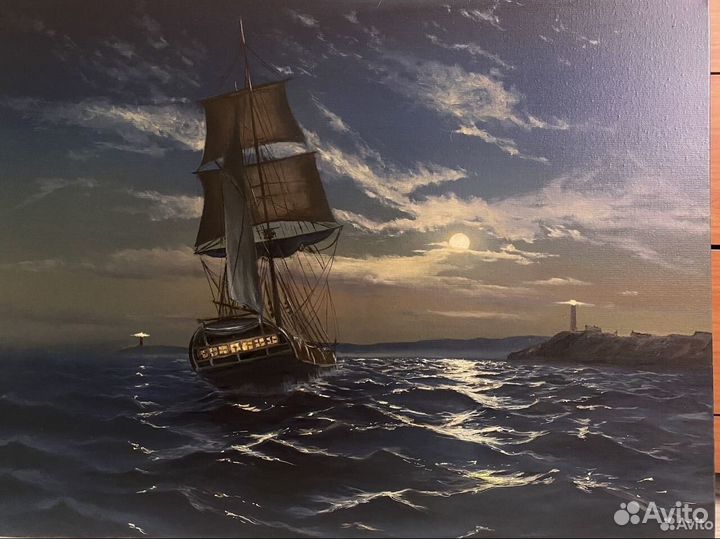 Картина маслом морской ночной пейзаж с кораблем